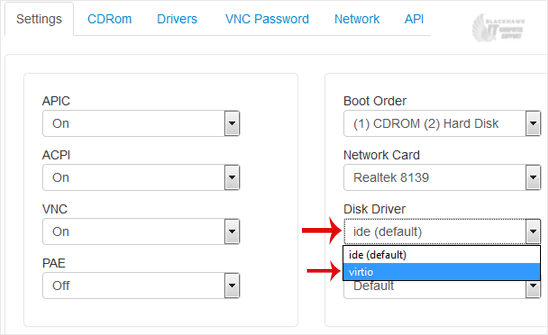 How to Change the Disk Driver to Virtio or IDE in SolusVM 1